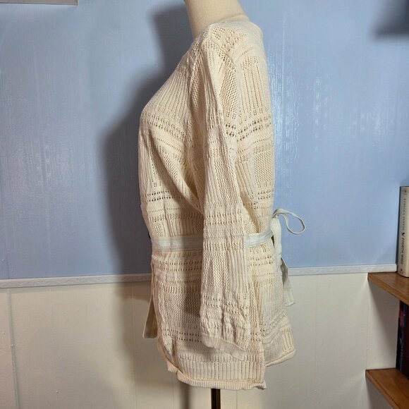 Eddie Bauer XXL Ivory Off White Open Knit 3/4 Sleeve Tie Button Open Cardigan - Picture 8 of 10
